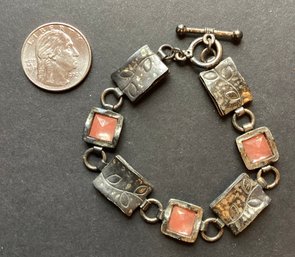 Signed  BIDALS  Vintage Sterling Silver Bracelet With 3 Peach Glass Stones And Toggle Clasp