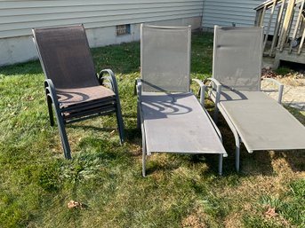 Pair Chaise Lounges & 3 Alumimum Chairs