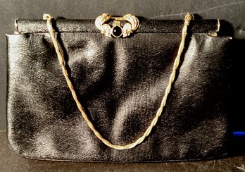 Vintage Rosenfeld Evening Bag In Faux Black Leather With Gold Toned Rope Handle/ Gold Toned Closure