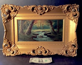 Original Antique Oil On Linen Painting  With Circa 1880 Gilded Frame