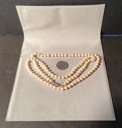 Vintage 30 Inch Cultured Pearl & Hand Knotted  Necklace With Sterling Silver Clasp