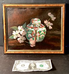 Small Framed Oil On Canvas Painting Of Asian Ginger Jar-and Pink Dogwood Blossoms