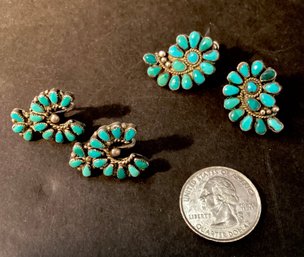 2 Pair Of Vintage Sterling And Turquoise Screw Back Earrings