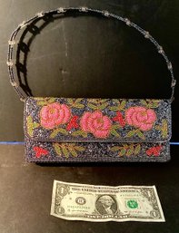 New Old Stock Ins Brand Beaded Satin Evening Bag: Clutch Style With Beaded Handle