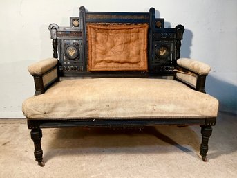 Aestheric Movement Ebonized Loveseat With Inlay &  Painted Decoration