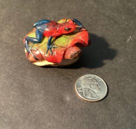 Signed Tagua  Nut: Vegetable Ivory Carving Of A Red & Blue Poison Dart Frog
