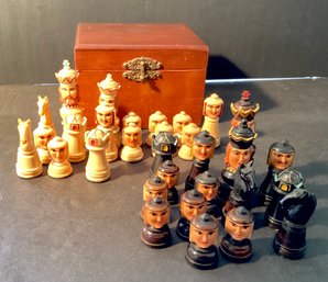 Hand Carved Chess Set Of Vegetable Ivory In Antique Wooden Box
