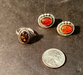Vintage Sterling/ Amber Ring Size 7 & Sterling/Amber Clip Earrings