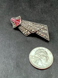 Vintage Sterling Silver Art Deco Inspired  Brooch With Enamel & Marcasites