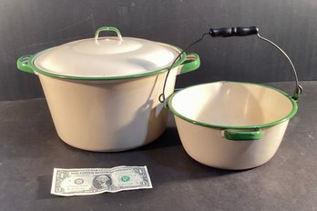 2 Vintage Metal And Pieces In Ivory  Enamel With Green Enamel Accents