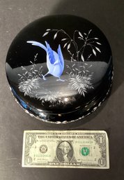 A Large Porcelain Bijou Box Hand Painted With An Exotic Blue Bird  And White Foliage