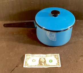 Vintage Enameled Metal Cerulean Blue 2.25 Quart Pot With Coordinating Covered Lid.