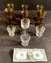 Vintage Biot Handblown Cordial Glasses & 3 Glass Egg Cups/ 1 Clear Cordial Glass
