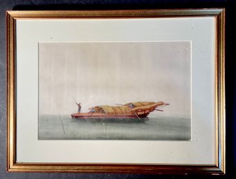 Antique China Trade Painting On Silk Ship And Sailors
