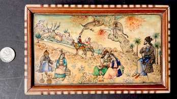 Vintage Inlaid Wooden Lidded Box With Hand Painted Scene On Bone.