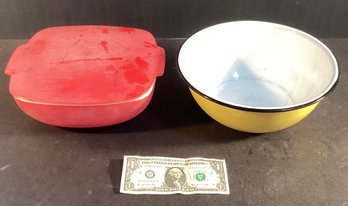 Vintage Enameled Mixing Bowl & Pyrex Covered Dish With Cover