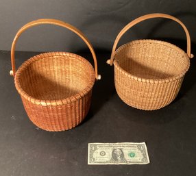 Two  Nantucket Lightship Baskets With Bentwood Handles And Wood Base