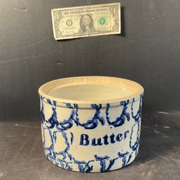 Antique Blue  Spongeware Butter Crock