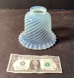 Antique Victorian Era Opalescent Light Aquamarine Swirl Glass Oil Lamp Shade With Ruffled Rim