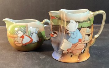 2 Porcelain Antique Royal Bayreuth Sunbonnet Babies-cream Pitchers