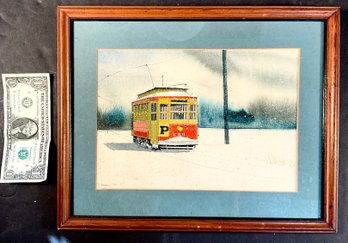 Original Steve Cryan Watercolor Of Trolly Car In Snow Dated 1977