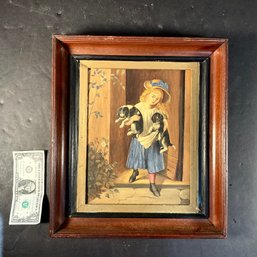 Original Oil On Board Of A Young Girl & 2 Puppies  Dated 1883