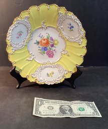 Antique Meissen *Splendor* Plate In Yellow With Gilded Edges, And Colorful Flowers