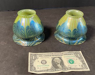 Pr. Loetz Art Glass Electric Shades Blue & Green Irridecent