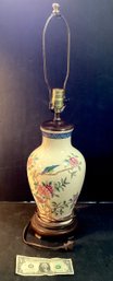 Vintage Porcelain Asian Lamp With Famile Roses, Birds And WoodCap