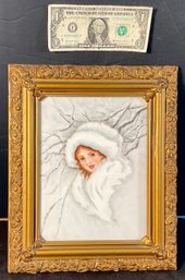Antique French Painting On Porcelian Young Woman In Fur