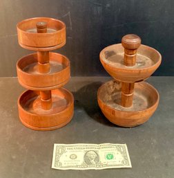 2  Handmade 2 Tier Serving Turned Wood 3 Step & 2 Step Design