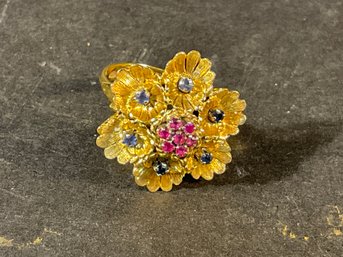 Estate 18k Rose Gold Flower Form Dinner Ring With Rubies &  Sapphires