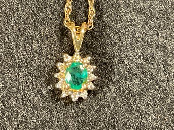 Vintage 14k Emerald & Diamond Pendent With Halo Mounting Signed GL