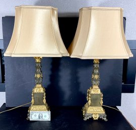 Pair Vintage Gilded Bronze And Patinated Tole Hand Made Table Lamps
