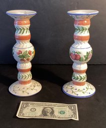 Pair 9.5 Vintage Strata Fresh & Fruity Hand-painted Candlesticks