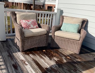 Pair Substantial Frontgate Palermo Outdoor Wicker Arm Chairs With Covers