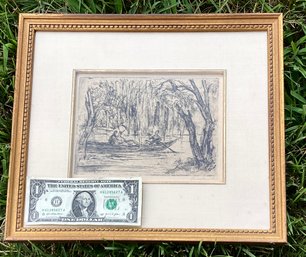 Signed HANS MEID 1923 Etching Of A  LOVERS Canoe Under Cypress Professionally Framed