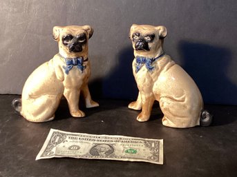 2 Antique Staffordshire Pug Dogs With Blue Bows