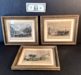 Three Antique Hand Colored Steel Engravings In Gold Frames