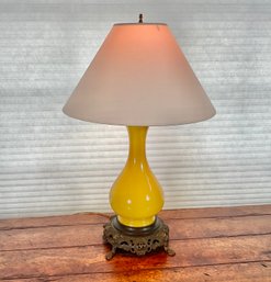 Canary Yellow Porcelain Table Lamp With Lionshead Brass Base