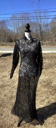 Vintage Long Sleeve Floor Length  Black Lace Dress