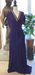 Floor Length Dress With Cap Sleeves In Indigo Toned Synthetic Material/ Gold Braided  Accents