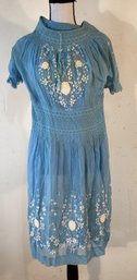 Vintage Hand Made/hand Smocked-blue Cotton Dress With White Hand Sewn Embroidery