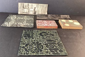 6 Vintage Linoleum Art Tiles And Blocks