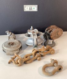 Vintage 2 Nautical  Pulley, 1 Block And Tackle, &  6 Screw-type Shackles