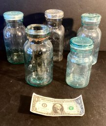 5 Antique Storage Jars: 4 Aqua Tint Lightning Jars And 1 Clear Glass Royal Handy Milk Bottle