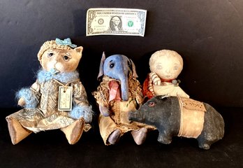 4 Artist Signed Handmade Primitive Folk Art: 3 Animals And 1 Doll