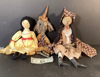 3 Primitive Folk Art Dolls: 2 Witches &  1 Maiden