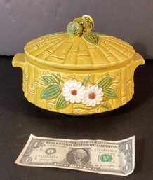 Mid Century Glazed Ceramic Daisy And Bamboo Covered Casserole Dish