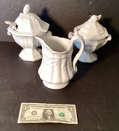 3 Pieces Of Antique Ironstone Items 2 Small  Gravy Tureens And A Cream Pitcher